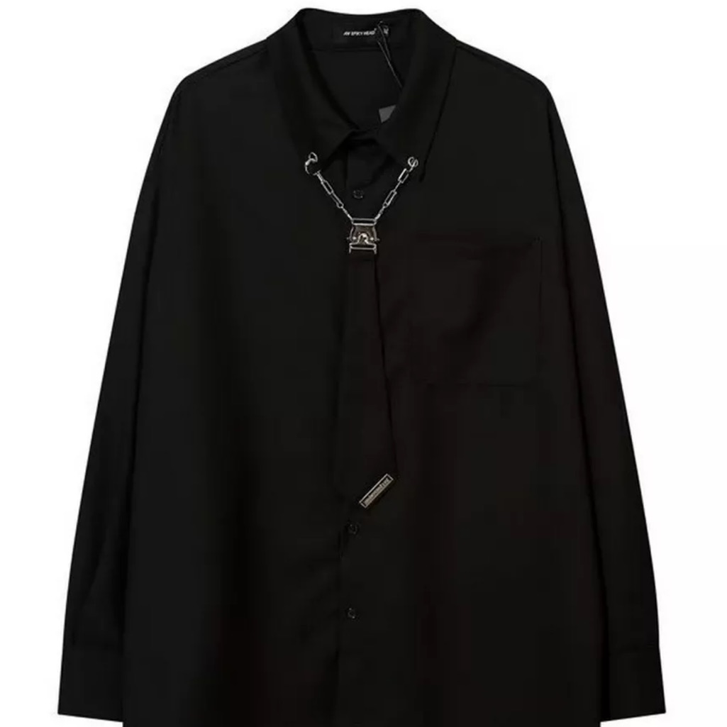 Men's Black Button-Up Shirt With Chain Detail